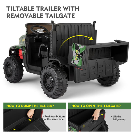 Ride in Style with the 24V Battery-Powered Camo Truck Tractor for Kids, Featuring Bluetooth RC and Trailer