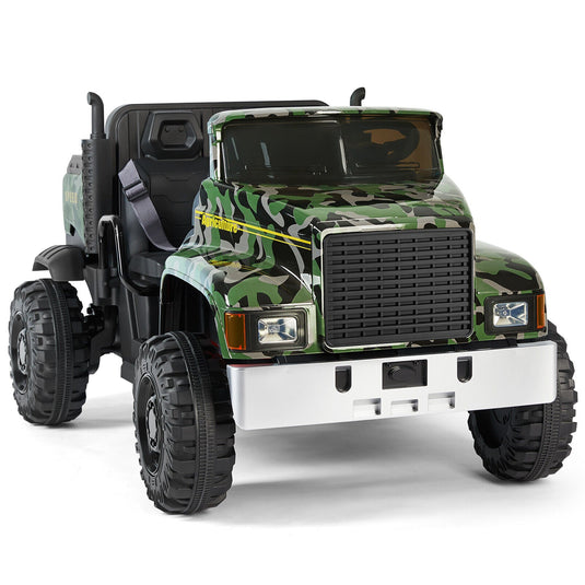 Ride in Style with the 24V Battery-Powered Camo Truck Tractor for Kids, Featuring Bluetooth RC and Trailer