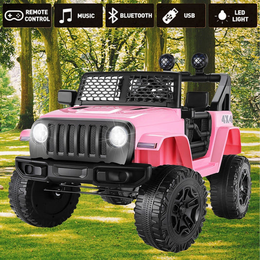 12V Electric Kids Ride-On Car Toy Truck Jeep with LED Lights, USB Music, and Remote Control - Pink