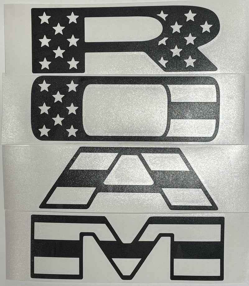 Load image into Gallery viewer, Premium Cast Matte Black Die-Cut Vinyl Flag Decals for 2019-2026 RAM Grille
