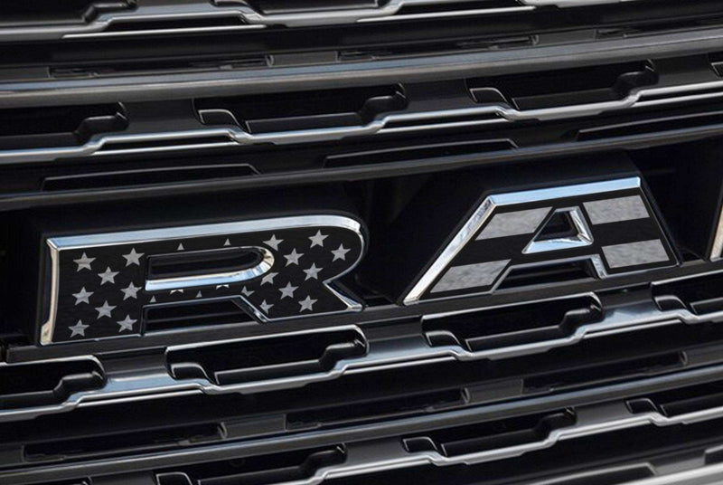Load image into Gallery viewer, Premium Cast Matte Black Die-Cut Vinyl Flag Decals for 2019-2026 RAM Grille
