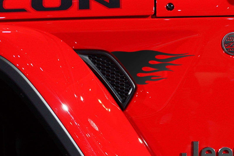 Load image into Gallery viewer, Premium Cast Matte Black Vinyl Flame Decals for Wrangler JL and Gladiator Fender Ventsx2
