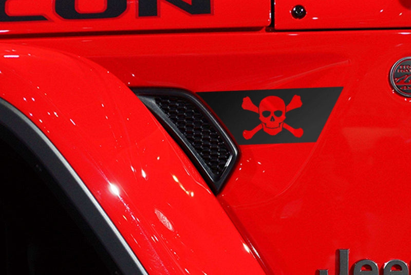 Load image into Gallery viewer, Premium Cast Matte Black Vinyl Jolly Roger Decals for Wrangler JL and Gladiator Fender Ventsx2
