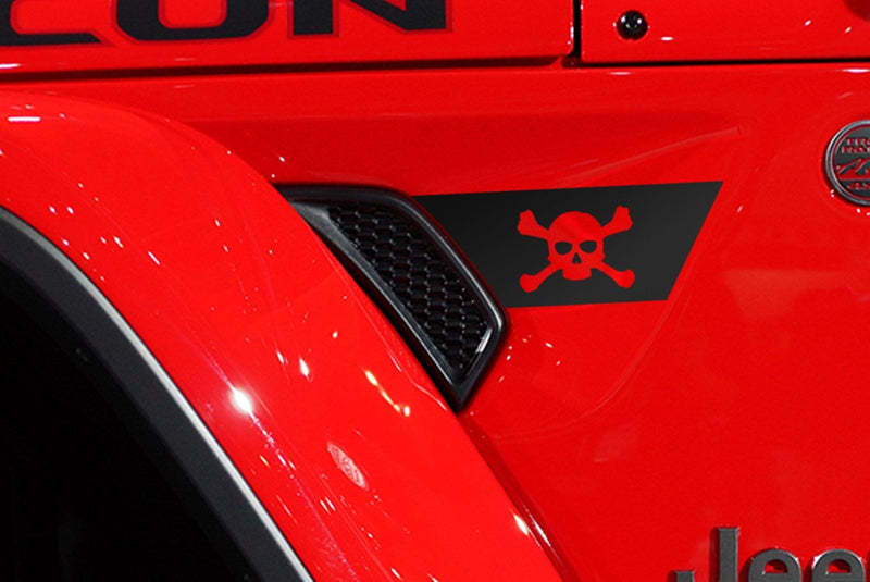 Load image into Gallery viewer, Premium Cast Matte Black Vinyl Jolly Roger Decals for Wrangler JL and Gladiator Fender Ventsx2

