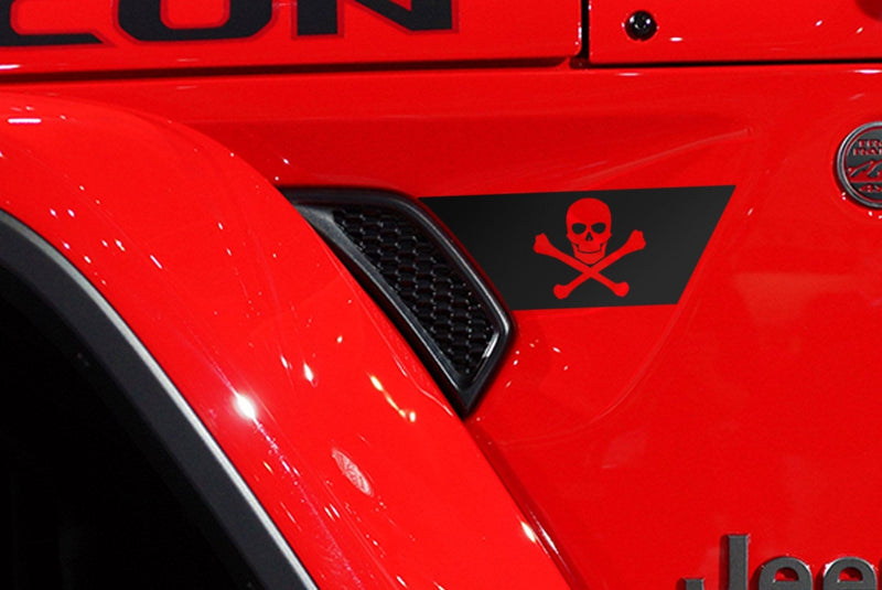 Load image into Gallery viewer, Premium Cast Matte Black Vinyl Jolly Roger Decals for Wrangler JL and Gladiator Fender Ventsx2

