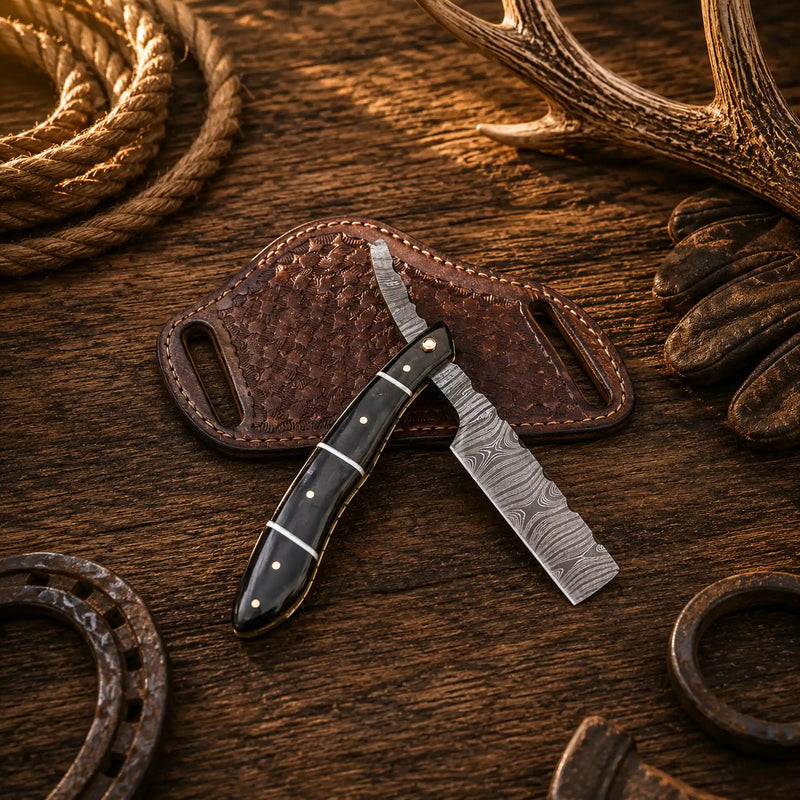 Load image into Gallery viewer, Handmade Damascus Steel Straight Razor Folding Knife – Buffalo Horn Handle
