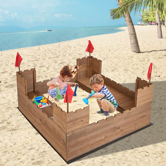 Load image into Gallery viewer, Premium Wooden Sandbox for Kids with Protective Liner and Fun Red Flags
