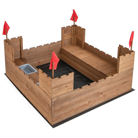 Load image into Gallery viewer, Premium Wooden Sandbox for Kids with Protective Liner and Fun Red Flags

