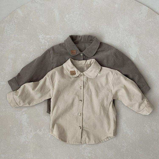 Baby Boy Solid Color Bear Patched Pattern Single Breasted Design Lapel Long Sleeves Shirt - Skoutley Outdoors LLC