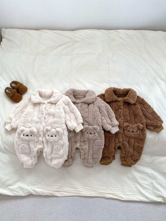 Winter Infant Baby Lovely Teddy Bear Cartoon Pattern Turndown Collar Thermal Pajamas Romper - Skoutley Outdoors LLC