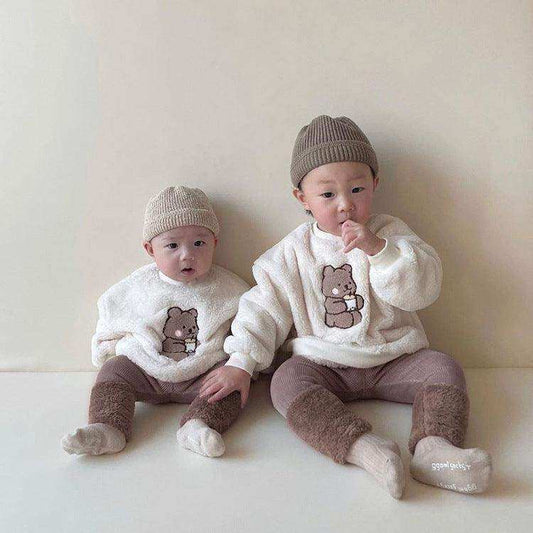Baby Bear Embroidered Pattern Plush Hoodies Combo Pants Pieces Sets - Skoutley Outdoors LLC
