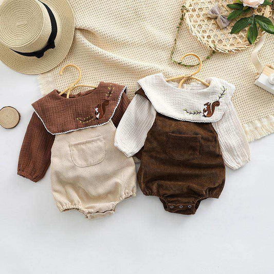 Baby Embroidered Pattern Lapel Cotton Shirt Combo Corduroy Strap Onesies Sets - Skoutley Outdoors LLC