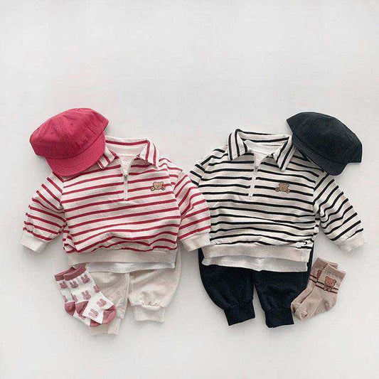 Baby Cute Bear Embroidered & Striped Pattern Polo Neck Cotton Hoodies - Skoutley Outdoors LLC