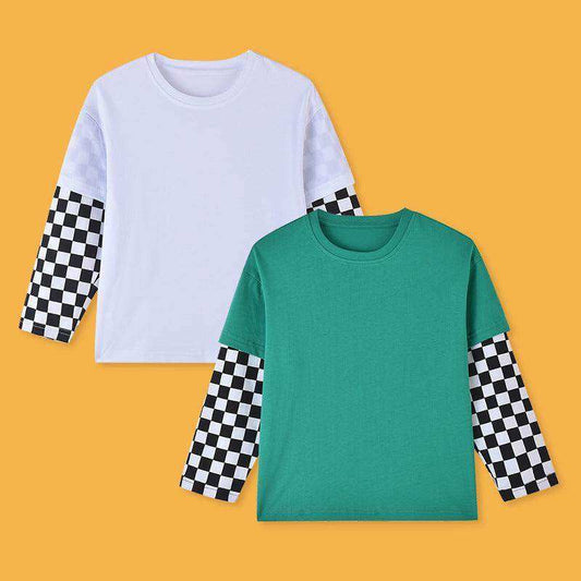 Baby Boy And Girl Plaid Pattern Fake 1 Pieces Sleeve Design Shirt - Skoutley Outdoors LLC