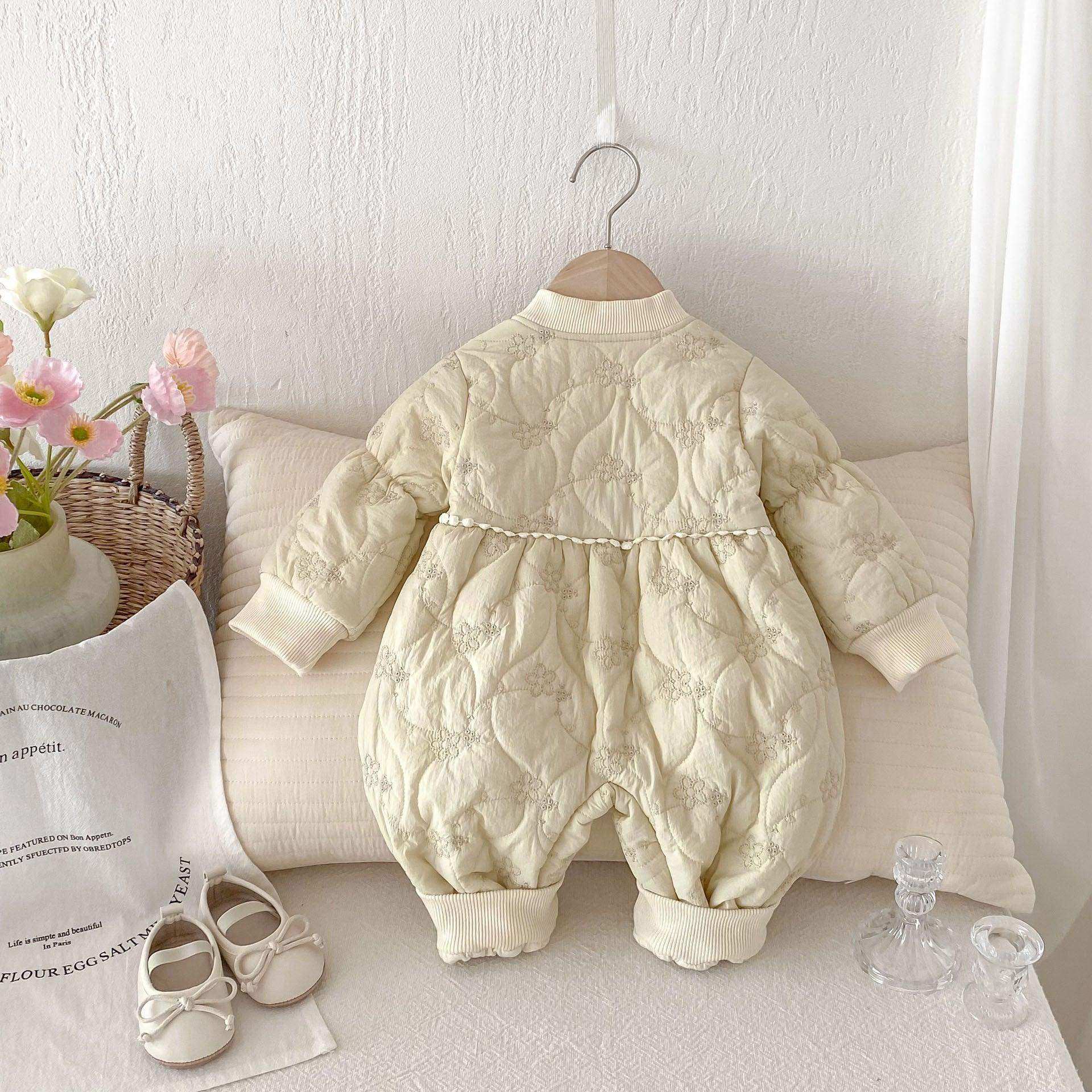 Winter New Arrival Baby Girls Simple Solid Color Floral Embroidered Pattern Warm Padded Thick Romper - Skoutley Outdoors LLC