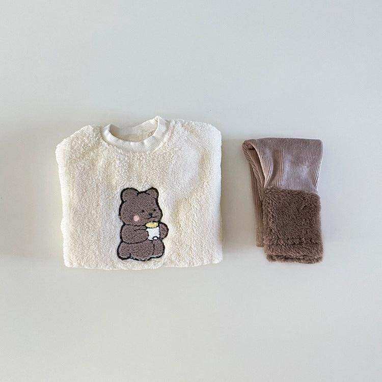 Baby Bear Embroidered Pattern Plush Hoodies Combo Pants Pieces Sets - Skoutley Outdoors LLC