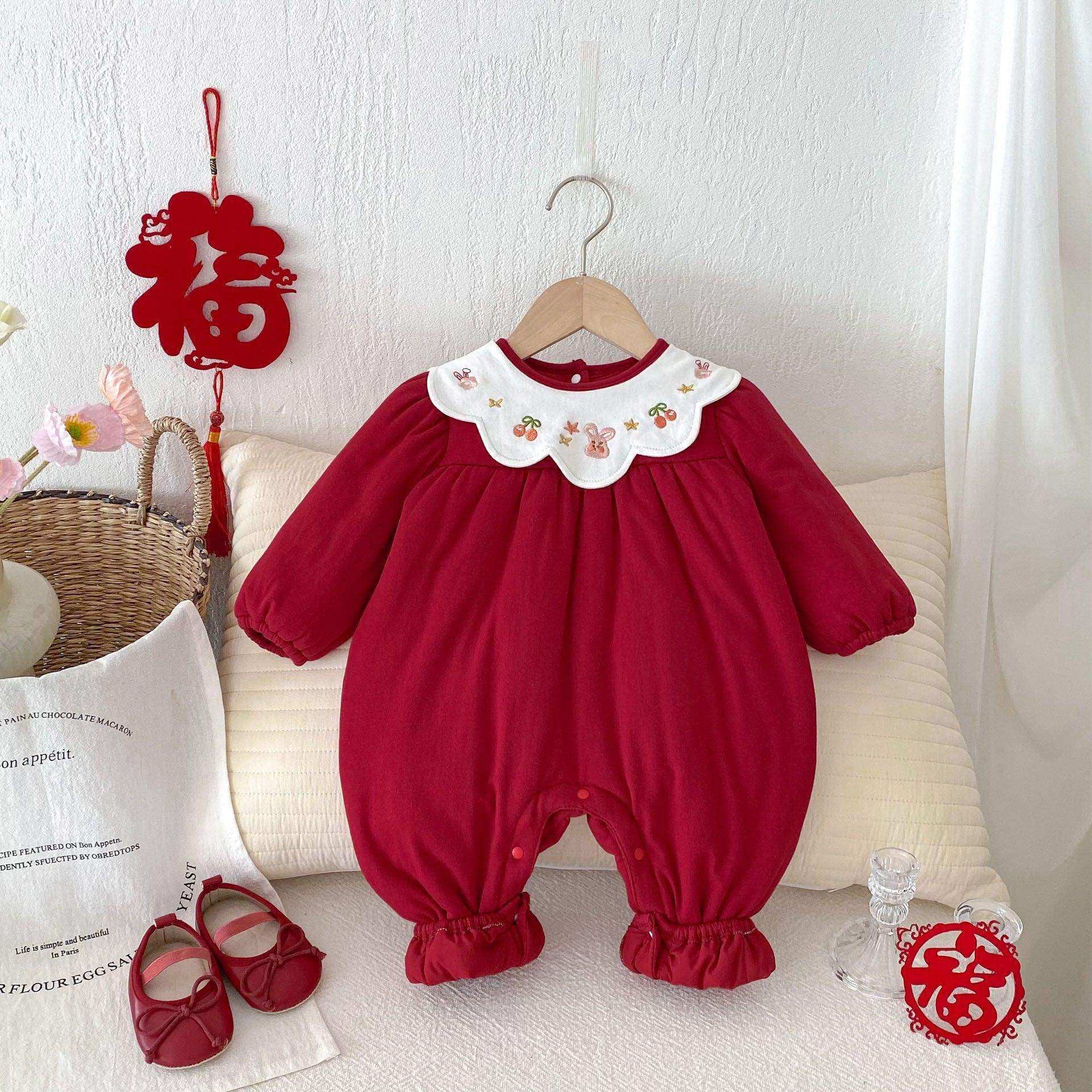Winter New Arrival Baby Girls Cute Rabbits and Fruits Embroidered Pattern Warm Padded Thick Romper - Skoutley Outdoors LLC