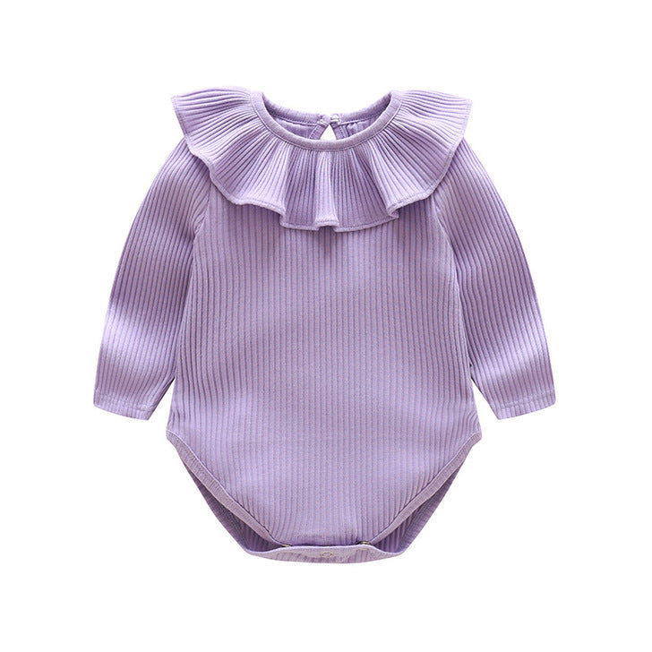 Baby Solid Color Ruffle & Buttoned Design Long-Sleeved O-Neck Onesies