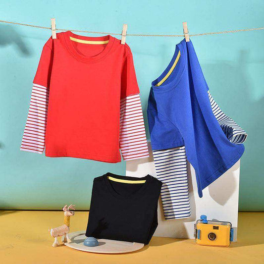 Boys And Girls Striped Sleeve Patchwork O-Neck Fake 2-Pieces Hoodie In Autumn - Skoutley Outdoors LLC