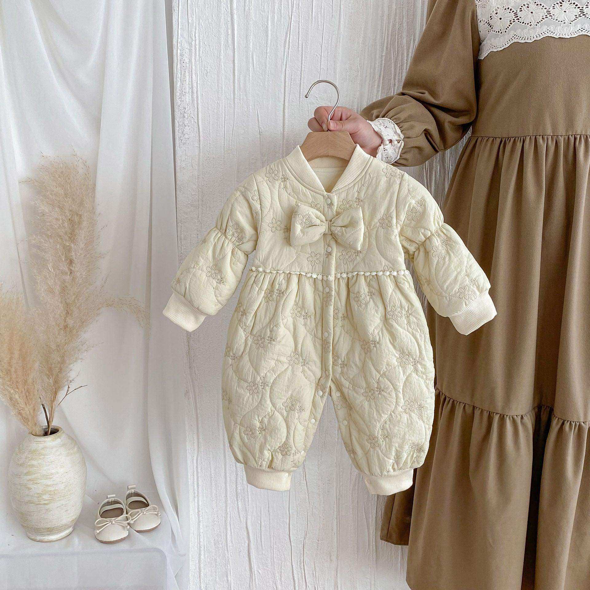 Winter New Arrival Baby Girls Simple Solid Color Floral Embroidered Pattern Warm Padded Thick Romper - Skoutley Outdoors LLC