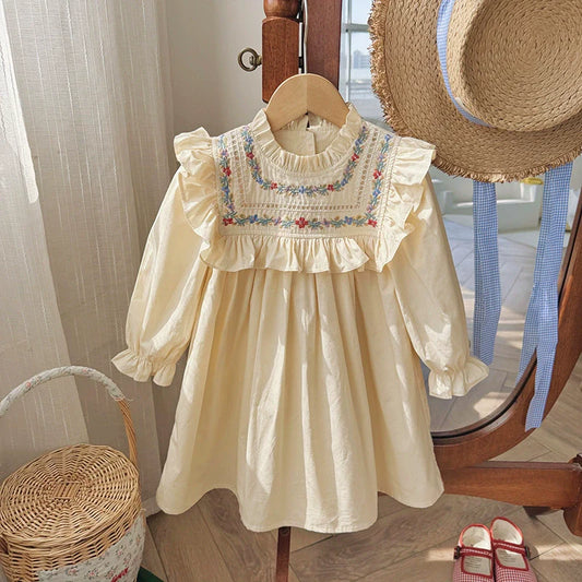 Arrival Autumn Girls Flowers Embroidery Pattern Long Sleeves Ruffle Neck Dress