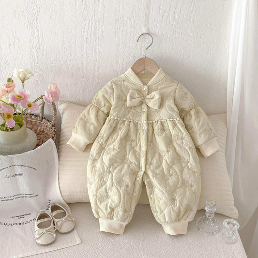 Winter New Arrival Baby Girls Simple Solid Color Floral Embroidered Pattern Warm Padded Thick Romper - Skoutley Outdoors LLC