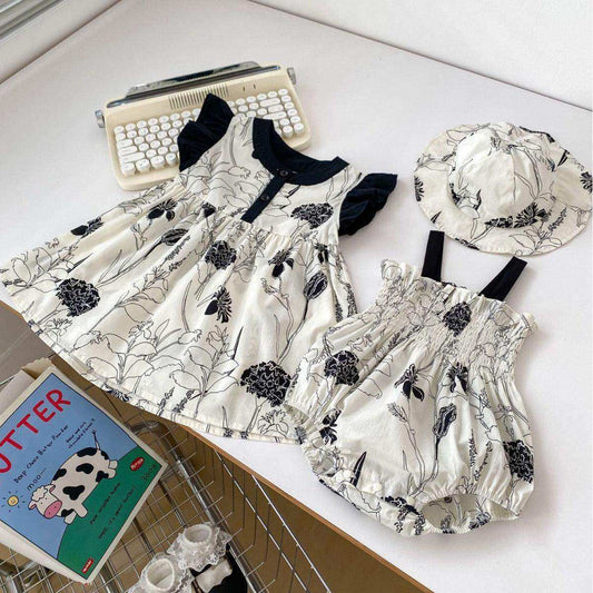 Summer Girls Color Patchwork Floral Pattern Strap Onesies And Fly Sleeves Dress – Princess Sister Matching Set With Shoes - Skoutley Outdoors LLC