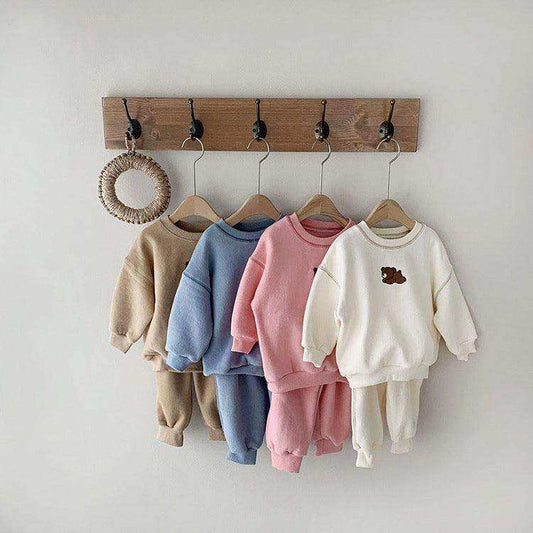 Baby Cartoon Bear Patched Graphic Hoodies Combo Solid Trousers Casual 2 Pieces Sets - Skoutley Outdoors LLC
