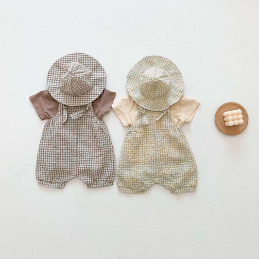 Baby Girl Short-Sleeved Plaid Pattern Backpack Pants With Hat Three Piece Sets In Summer - Skoutley Outdoors LLC