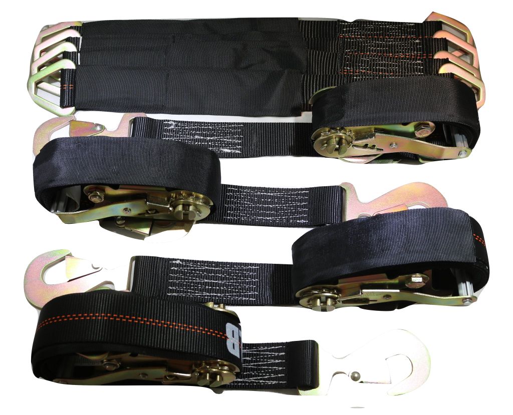Qty 4 Axle Strap Tie Downs 24" Long & Qty 4 Ratchet Tow Straps Car Haulers, BLACK | R208ATDBK/AS24BK