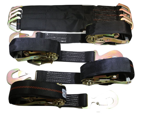 Qty 4 Axle Strap Tie Downs 24" Long & Qty 4 Ratchet Tow Straps Car Haulers, BLACK | R208ATDBK/AS24BK