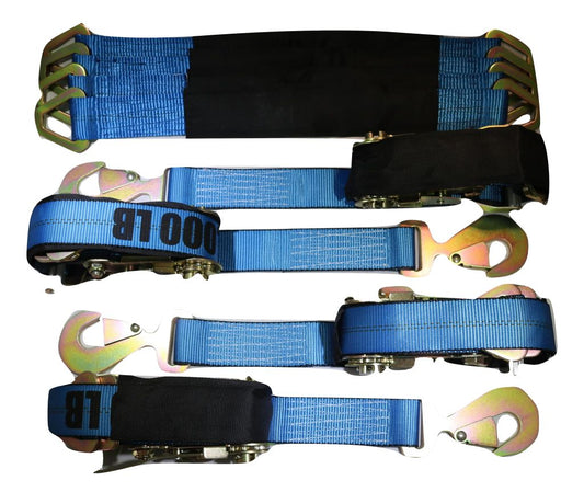 Axle Strap Tie Downs 24" Long & Qty 4 Ratchet Tow Straps Car Haulers, BLUE | 4 PACK