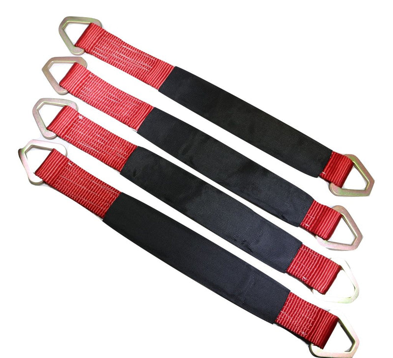 Load image into Gallery viewer, Qty 4 Axle Strap Tie Downs 24&quot; Long &amp; Qty 4 Ratchet Tow Straps Car Haulers | RED
