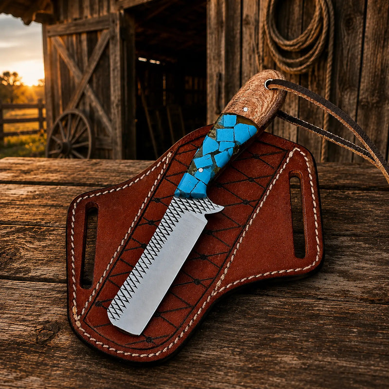 Load image into Gallery viewer, Bull Cutter Knife – Rasp Steel Blade Turquoise Handle
