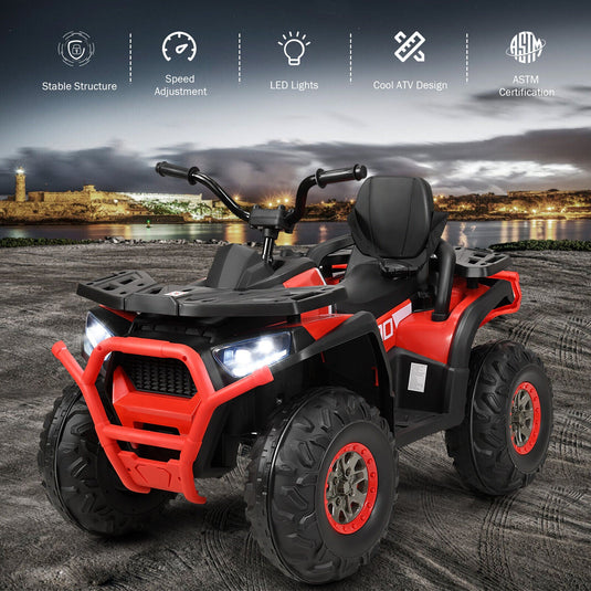 Red 12V Electric ATV Quad for Kids with 2 Speeds, MP3 Player, and LED Lights