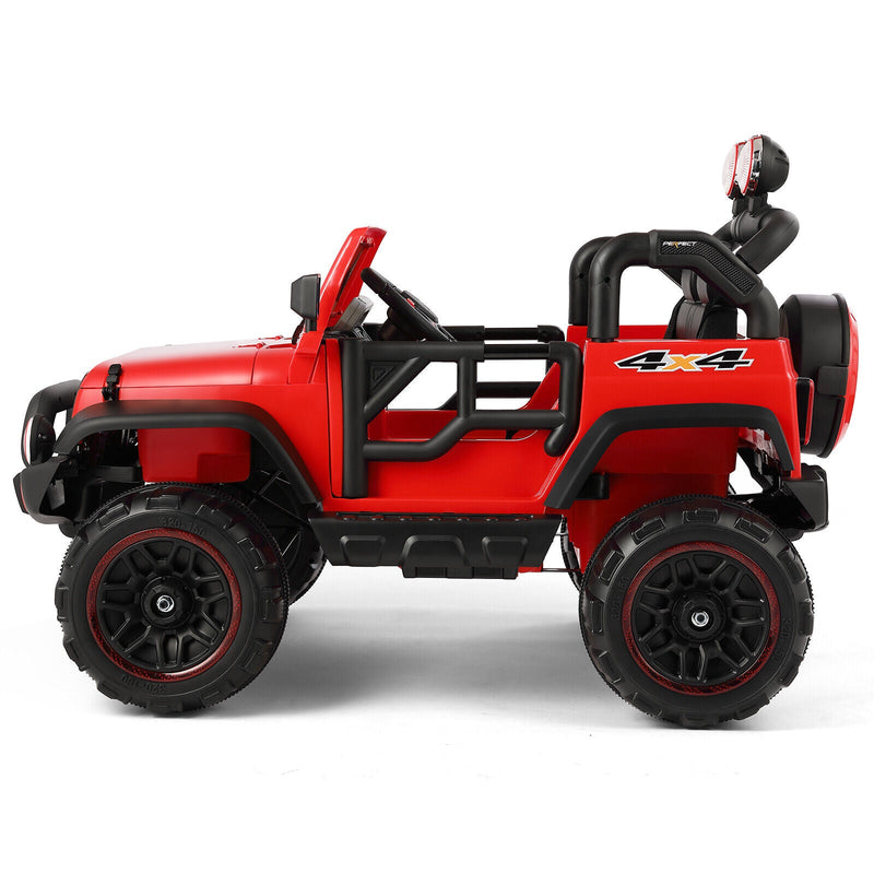 Load image into Gallery viewer, Red 12V Electric Ride-On Car with RC, LED Lights, USB, MP3, and Cover for Kids
