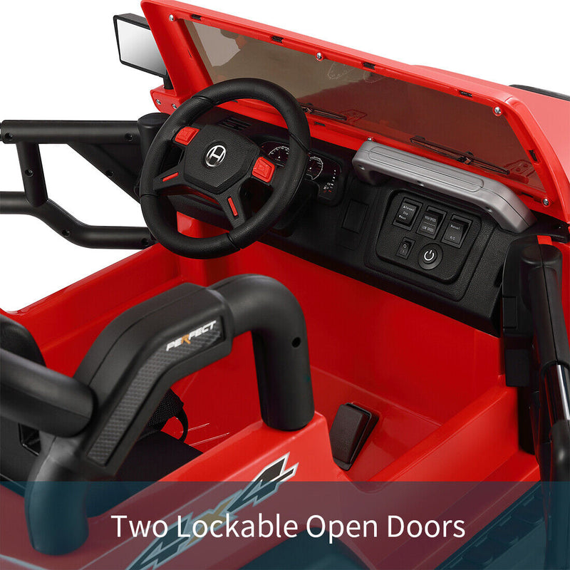 Load image into Gallery viewer, Red 12V Electric Ride-On Car with RC, LED Lights, USB, MP3, and Cover for Kids
