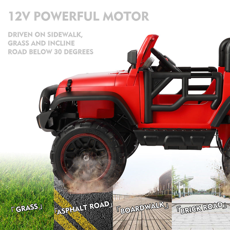 Load image into Gallery viewer, Red 12V Electric Ride-On Car with RC, LED Lights, USB, MP3, and Cover for Kids
