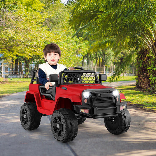 Red 12V Electric Ride-On Truck for Kids with Remote Control, Lights, and Music