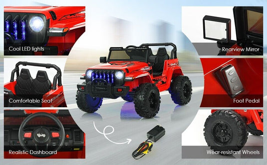 Red 12V Electric Ride-On Truck with Remote Control and LED Lights for Kids