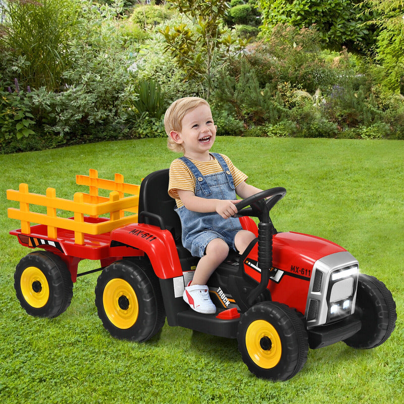 Load image into Gallery viewer, Red 12V Kids Ride On Tractor with Trailer and Remote Control - Featuring Ground Loader and Lights
