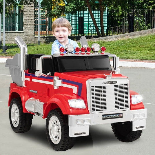 Red 12V Licensed Freightliner Kids Ride On Truck with Dump Box and Lights - Remote Control Included