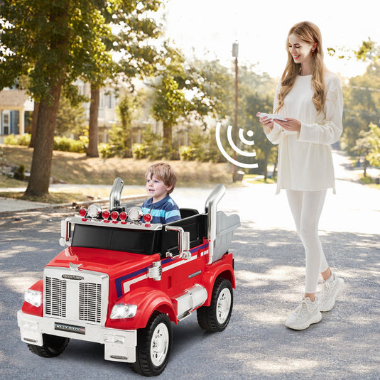 Red 12V Licensed Freightliner Kids Ride On Truck with Dump Box and Lights - Remote Control Included