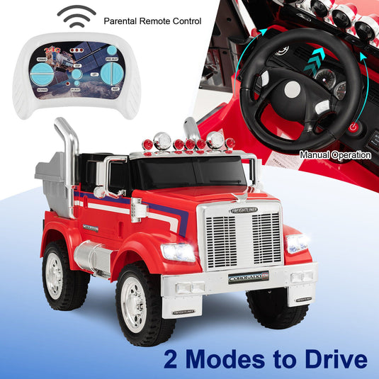 Red 12V Licensed Freightliner Kids Ride On Truck with Dump Box and Lights - Remote Control Included