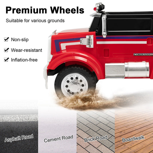 Red 12V Licensed Freightliner Kids Ride On Truck with Dump Box and Lights - Remote Control Included