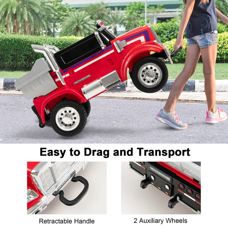 Load image into Gallery viewer, Red 12V Licensed Freightliner Kids Ride On Truck with Dump Box and Lights - Remote Control Included
