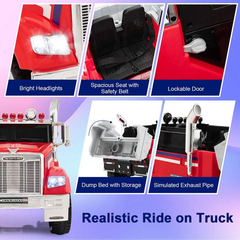 Load image into Gallery viewer, Red 12V Licensed Freightliner Kids Ride On Truck with Dump Box and Lights - Remote Control Included
