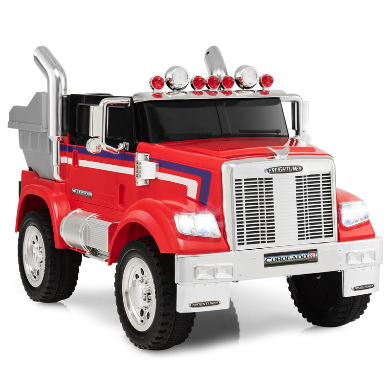 Load image into Gallery viewer, Red 12V Licensed Freightliner Kids Ride On Truck with Dump Box and Lights - Remote Control Included
