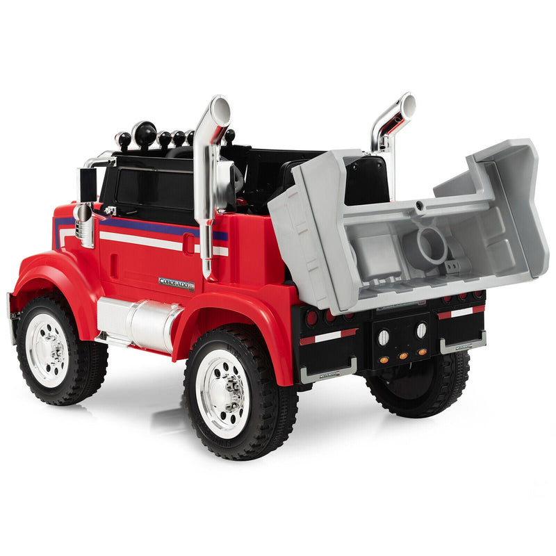 Load image into Gallery viewer, Red 12V Licensed Freightliner Kids Ride On Truck with Dump Box and Lights - Remote Control Included
