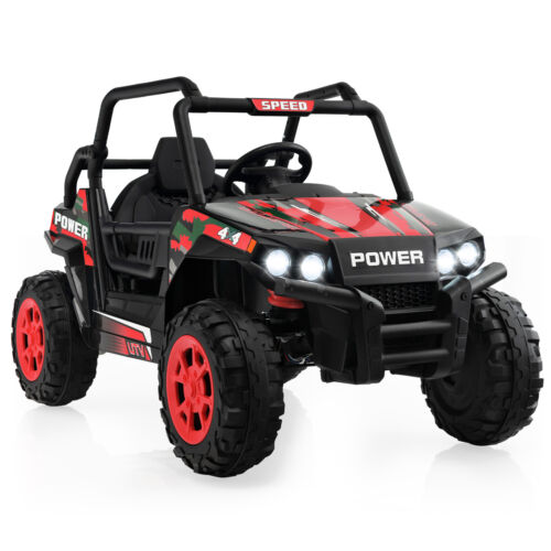 Red 12V Off-Road Electric Ride-On Truck with Realistic Horns and Engine Sounds for Kids